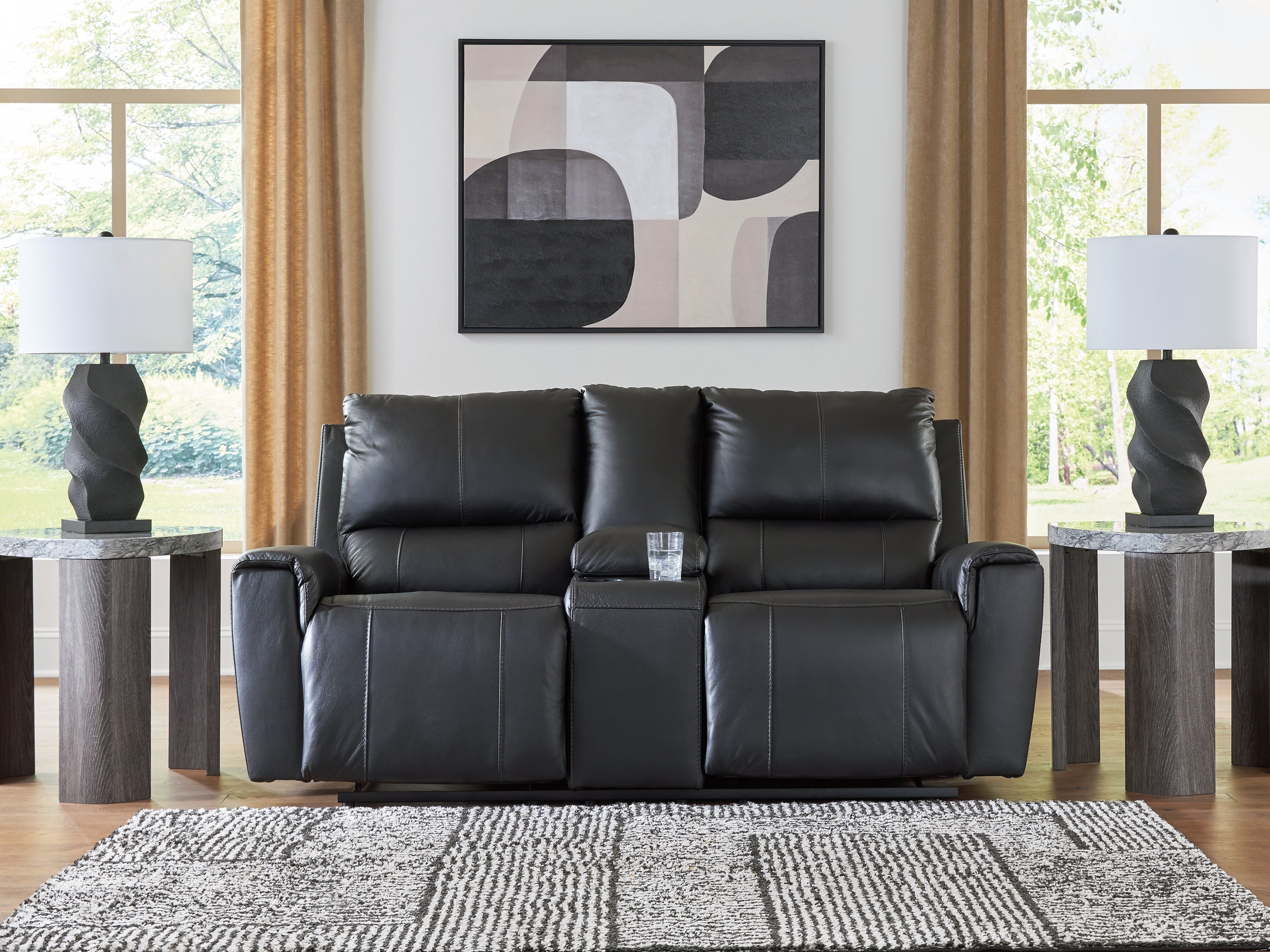 3 Brothers Decor - Ashley Furniture - Glossmore Living Room - DBL Rec Loveseat w/Console / Black - PCU1170094