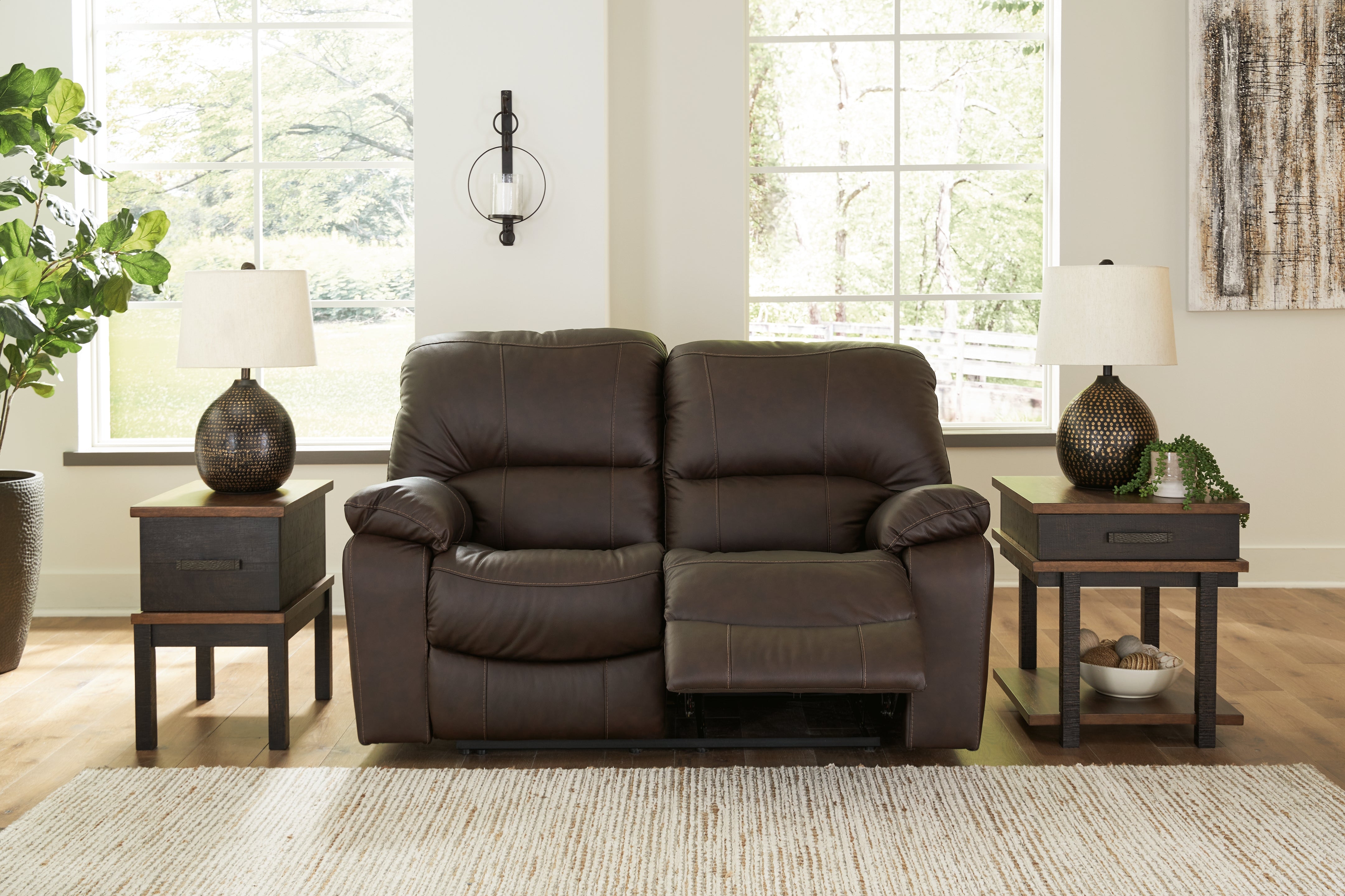 3 Brothers Decor - Ashley Furniture - Leesworth Living Room - Reclining Power Loveseat / Dark Brown - U4380874