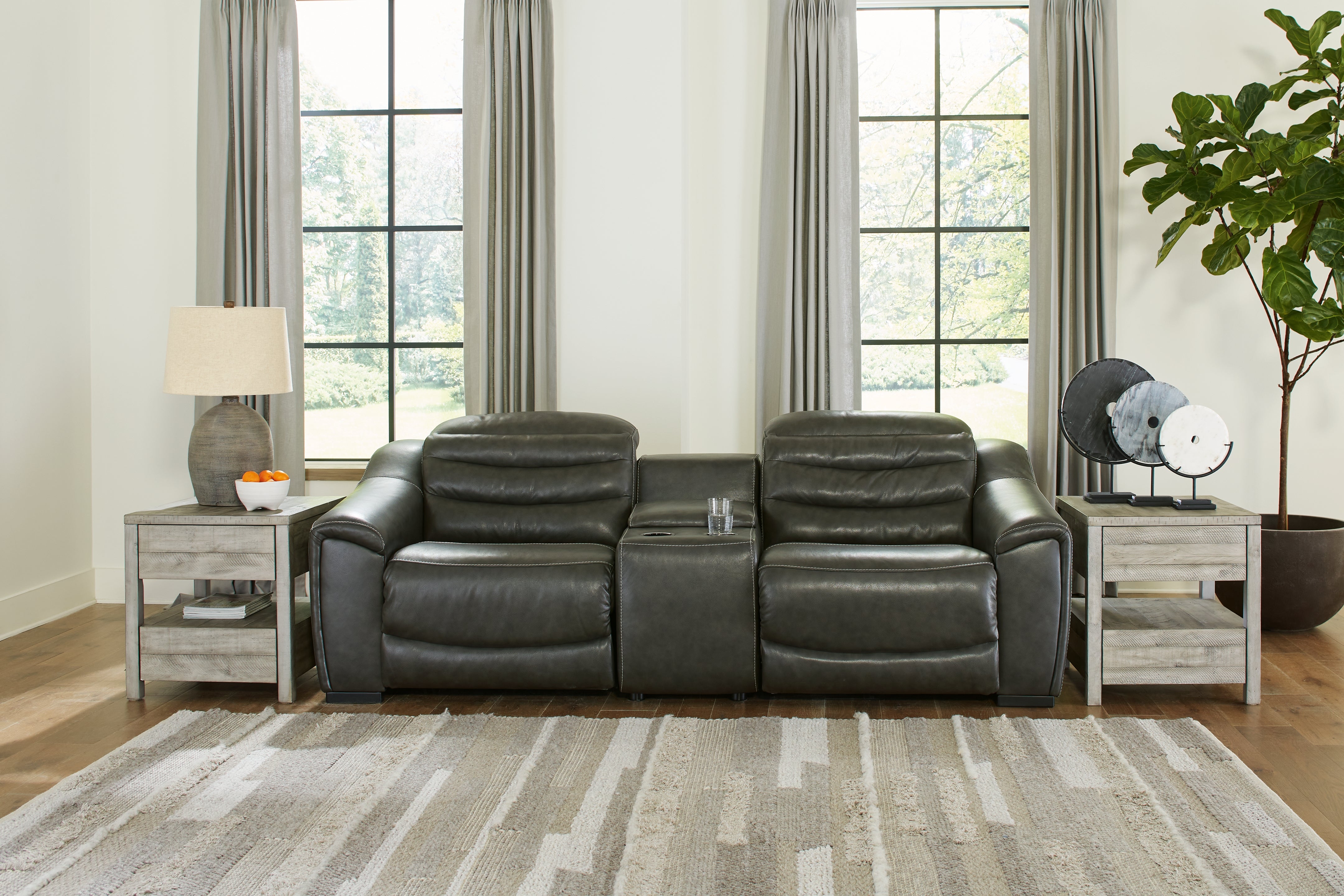 3 Brothers Decor - Ashley Furniture - Center Line Sectional - 3-Piece Power Reclining Loveseat with Console / Dark Gray - U63404S2