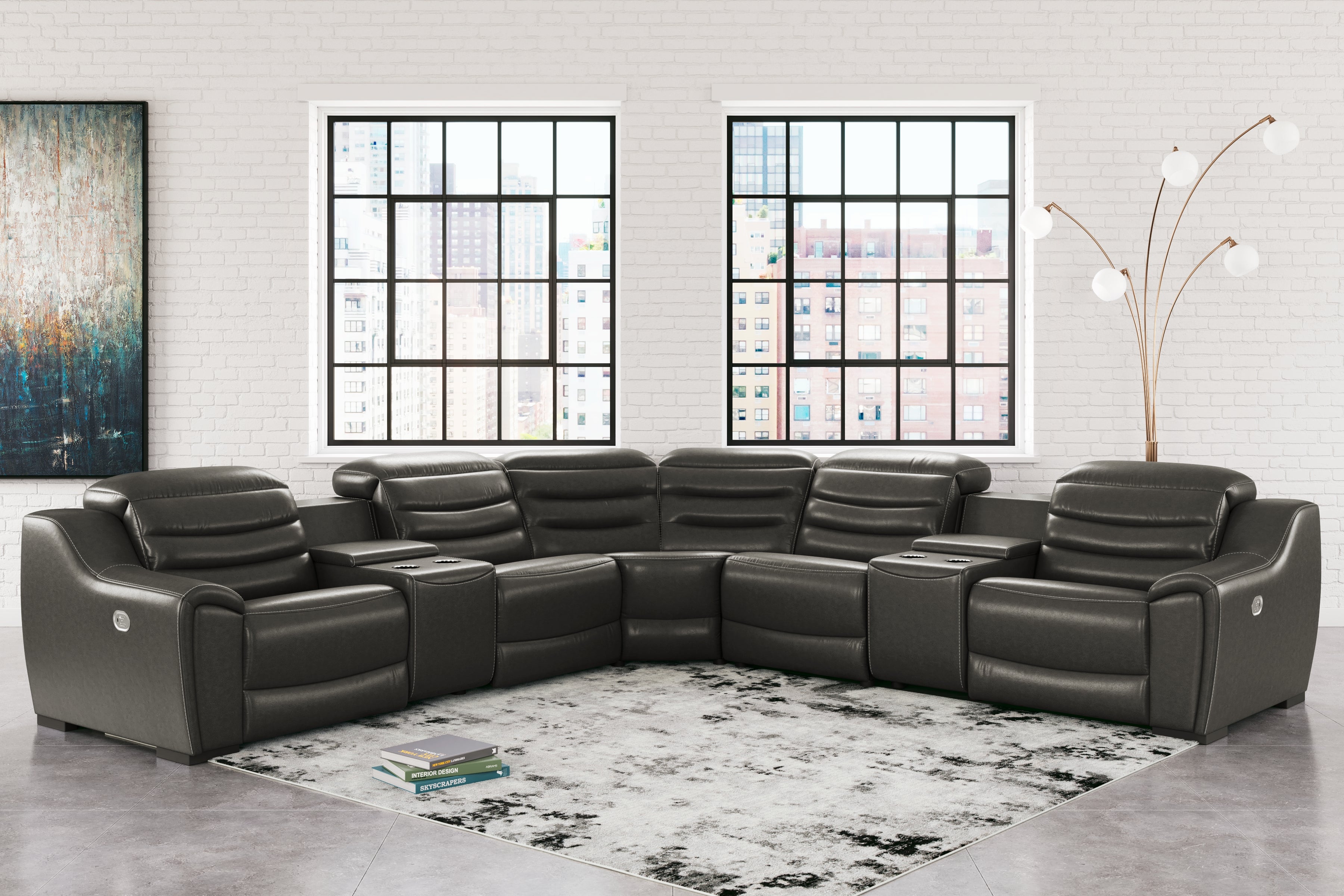 3 Brothers Decor - Ashley Furniture - Center Line Sectional - 7-Piece Power Reclining Sectional / Dark Gray - U63404S7