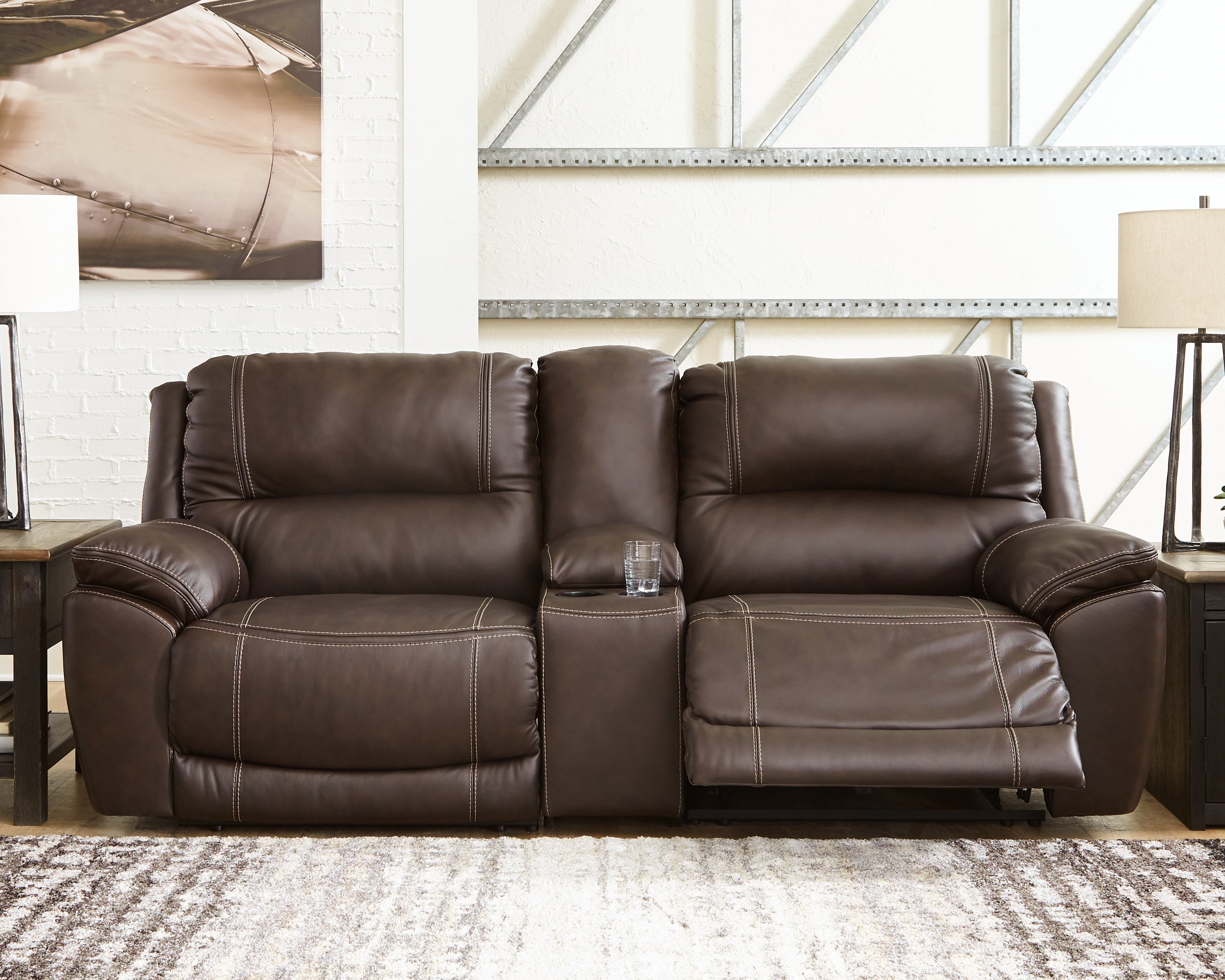 3 Brothers Decor - Ashley Furniture - Dunleith Sectional - 3-Piece Power Reclining Loveseat with Console / Chocolate - U71604S4