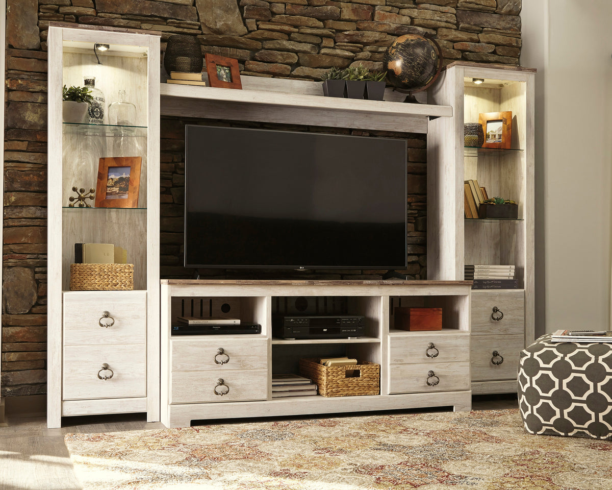 3 Brothers Decor - Ashley Furniture - Willowton Entertainment Center - 4-Piece Entertainment Center / Whitewash - W267W3