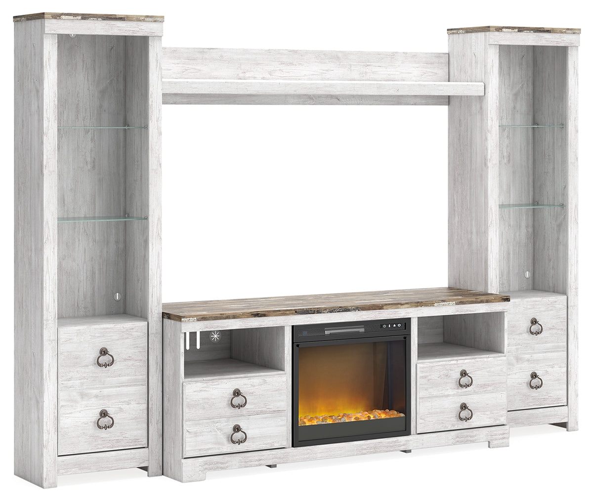 3 Brothers Decor - Ashley Furniture - Willowton 4-Piece Entertainment Center with Electric Fireplace - 4-Piece Entertainment Center with Electric Fireplace / Whitewash - W267W4
