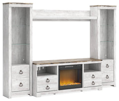 3 Brothers Decor - Ashley Furniture - Willowton 4-Piece Entertainment Center with Electric Fireplace - 4-Piece Entertainment Center with Electric Fireplace / Whitewash - W267W4