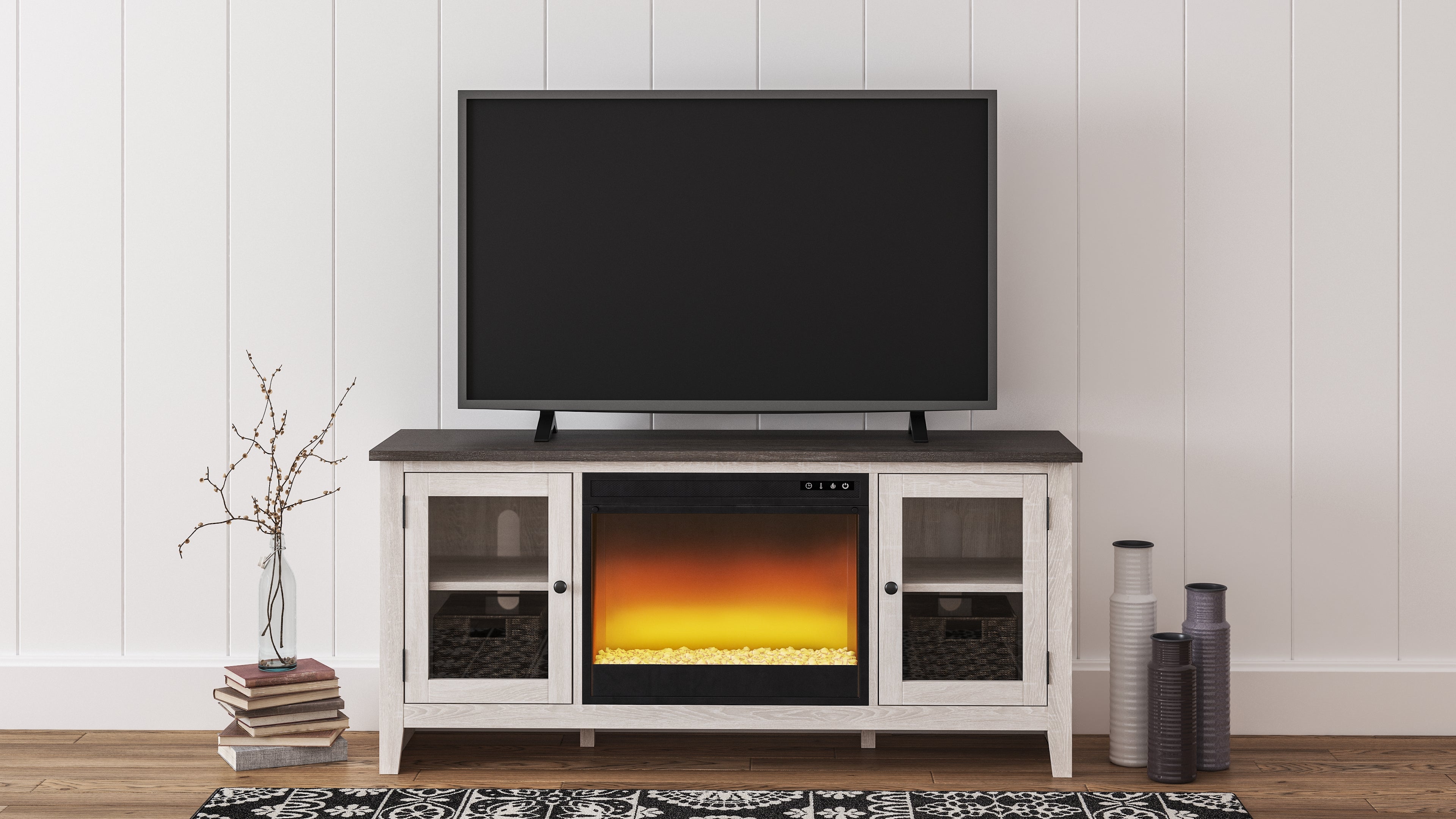 3 Brothers Decor - Ashley Furniture - Dorrinson 60" TV Stand with Electric Fireplace - 60" TV Stand with Electric Fireplace / Two-tone - W287W2
