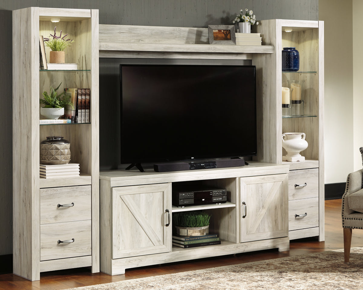 3 Brothers Decor - Ashley Furniture - Bellaby Entertainment Center - 4-Piece Entertainment Center / Whitewash - W331W2