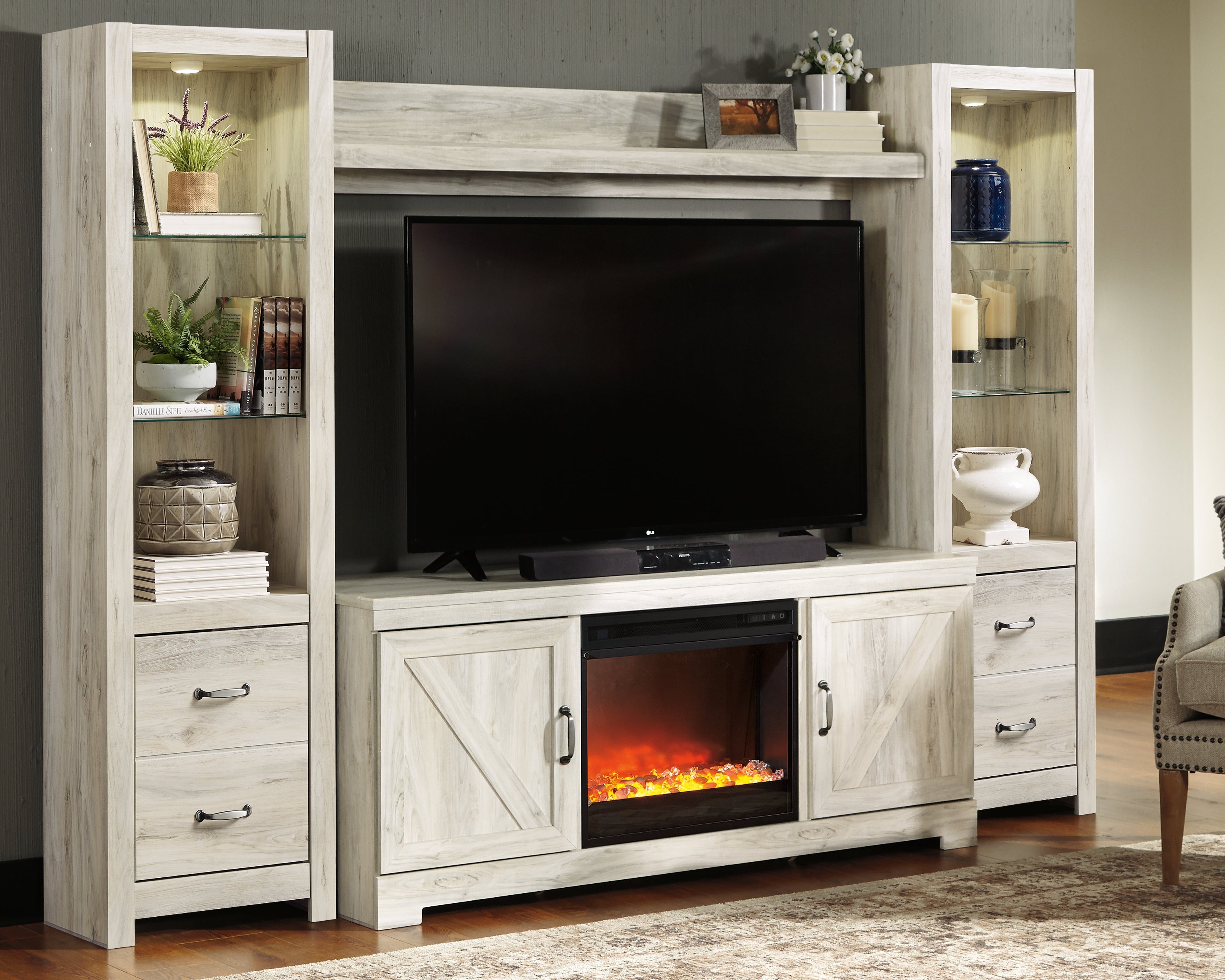 3 Brothers Decor - Ashley Furniture - Bellaby 4-Piece Entertainment Center with Fireplace - 4-Piece Entertainment Center with Fireplace / Whitewash - W331W5