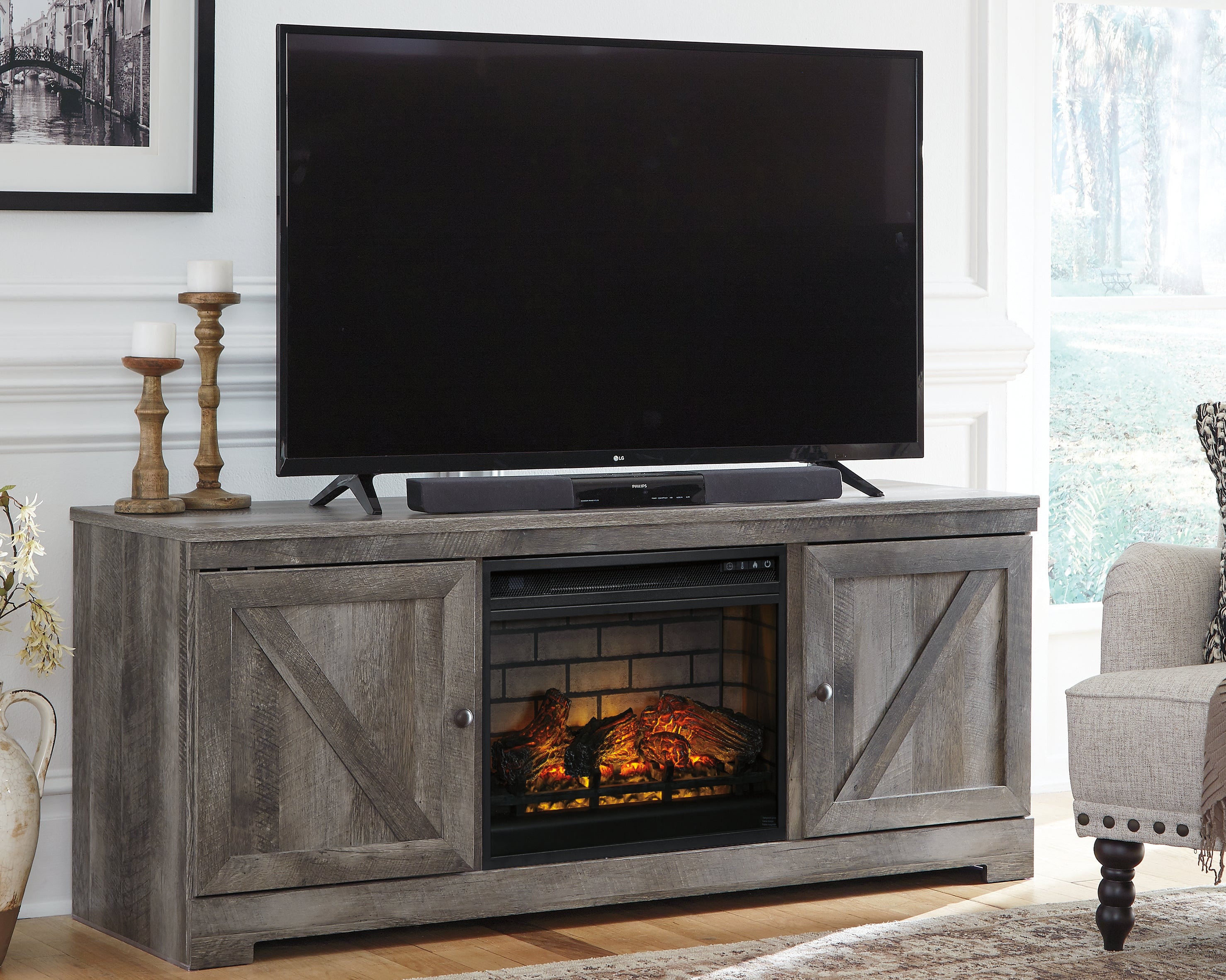 3 Brothers Decor - Ashley Furniture - Wynnlow 63" TV Stand with Electric Fireplace - 63" TV Stand with Electric Fireplace / Gray - W440W9