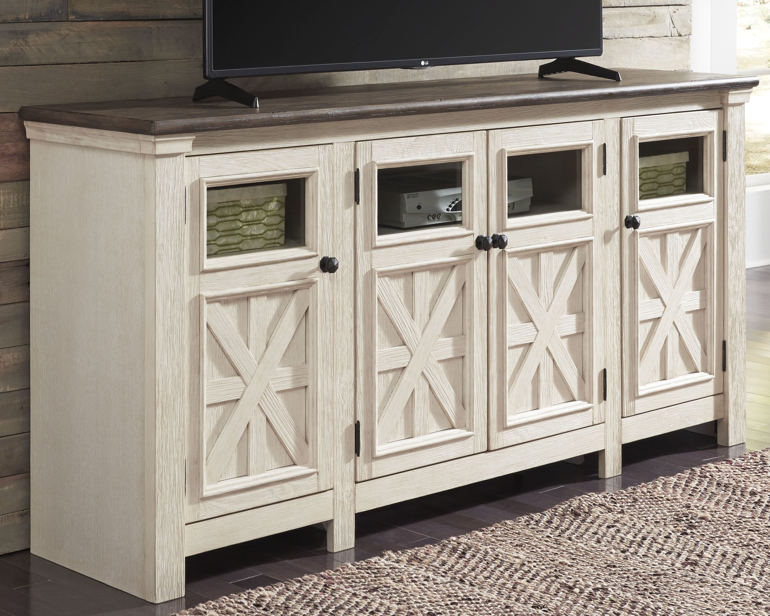 3 Brothers Decor - Ashley Furniture - Bolanburg 74" TV Stand - 74" / White/Weathered Gray - W647-60