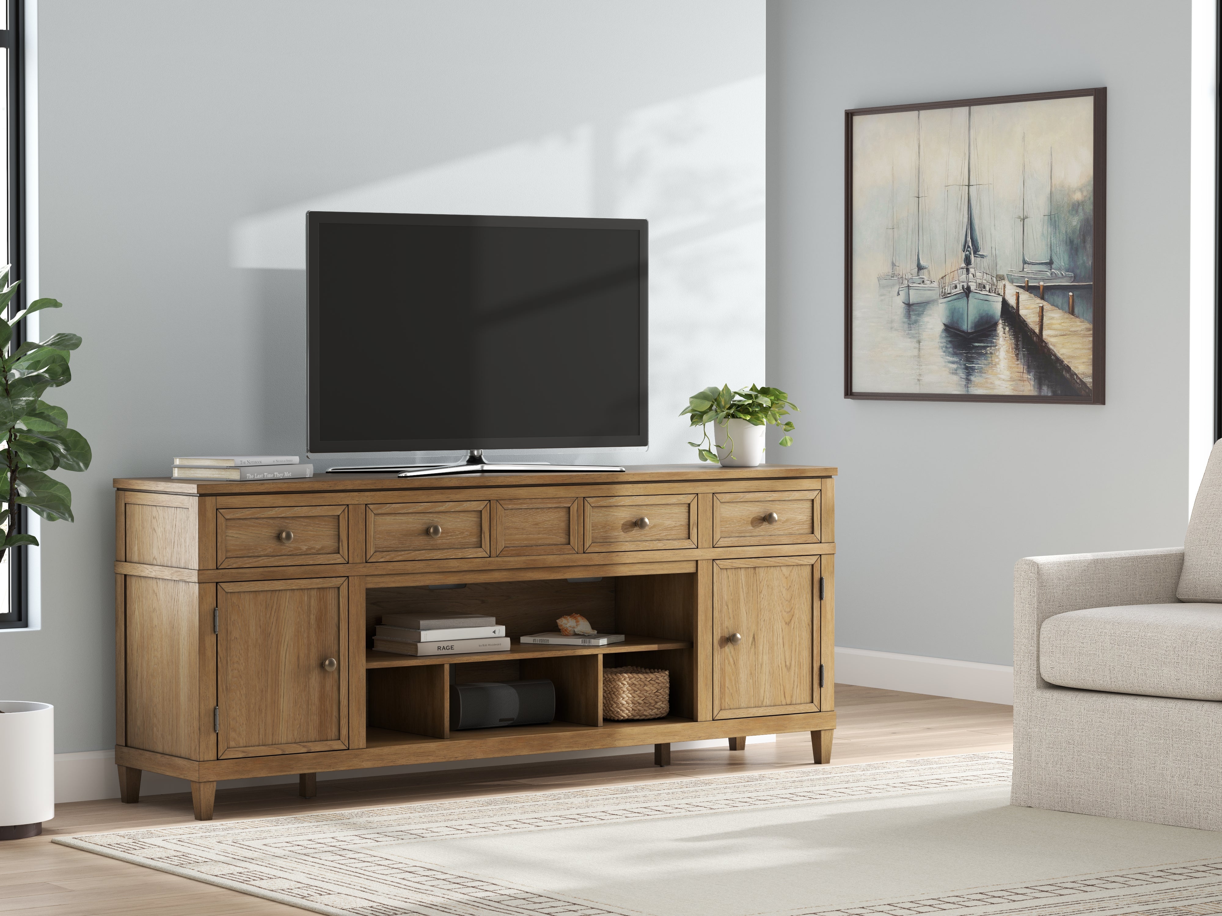 3 Brothers Decor - Ashley Furniture - Sharlance 81" TV Stand - 81" / Light Brown - W655-68