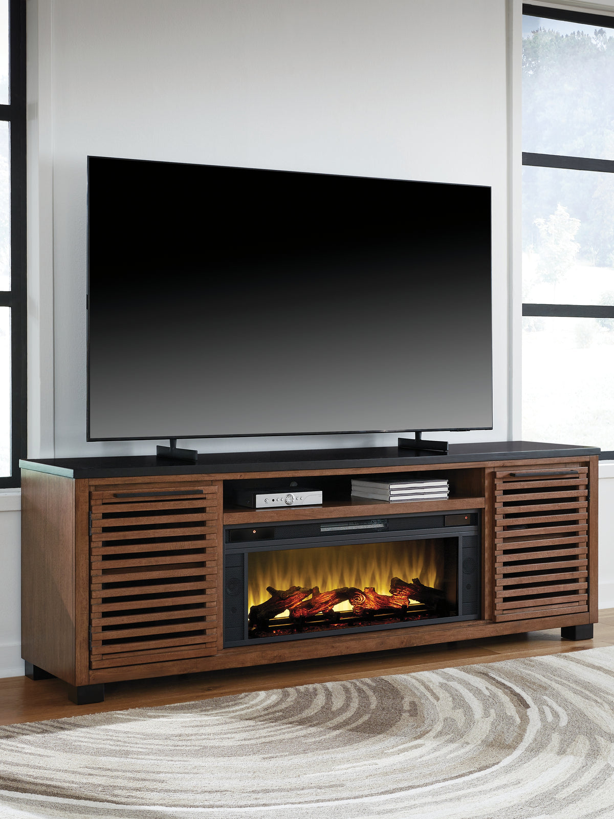 3 Brothers Decor - Ashley Furniture - Kallari 84" TV Stand with Electric Fireplace - 84" TV Stand with Electric Fireplace / Warm Brown/Black - W737W1
