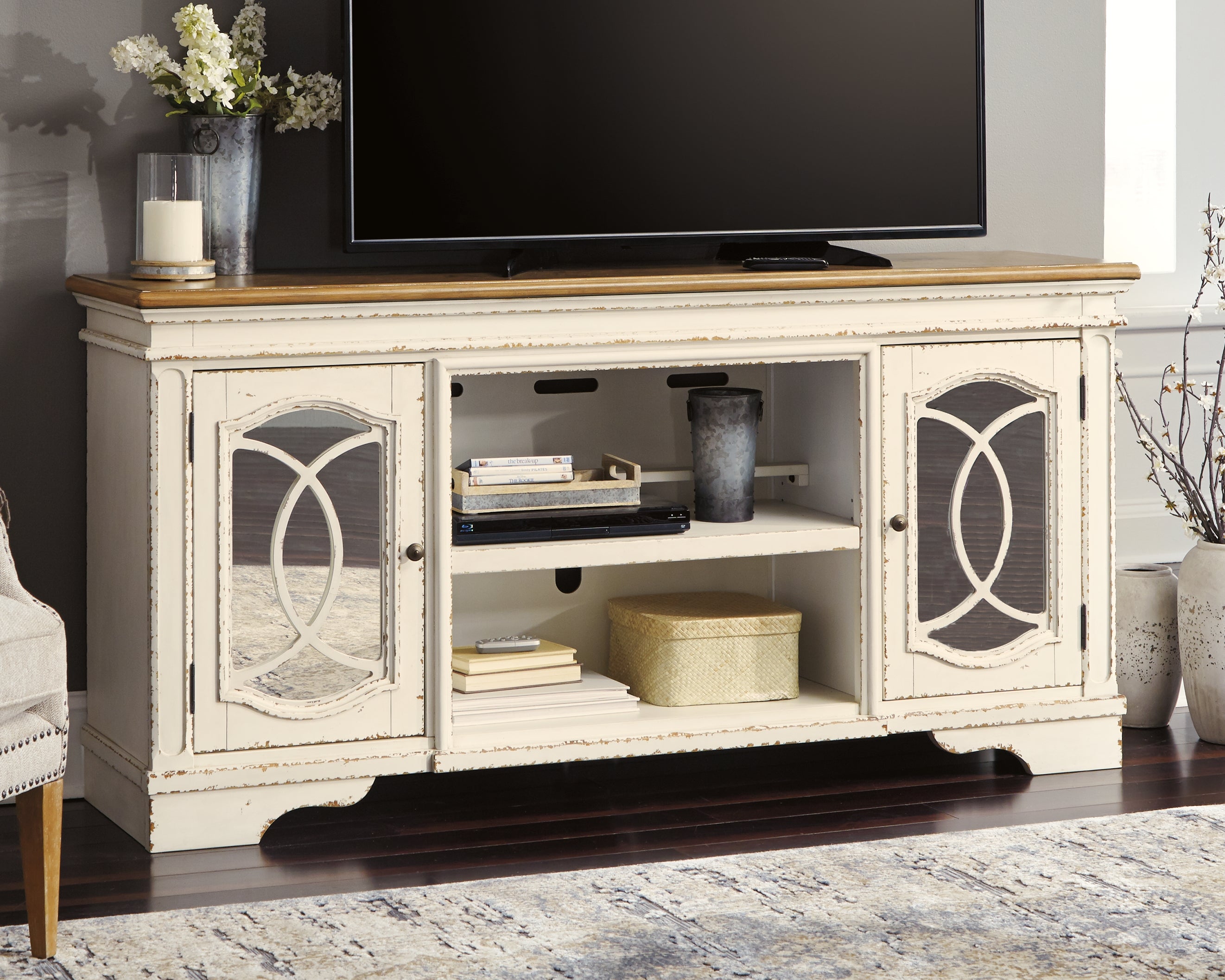 3 Brothers Decor - Ashley Furniture - Realyn 74" TV Stand - 74" / Chipped White - W743-68