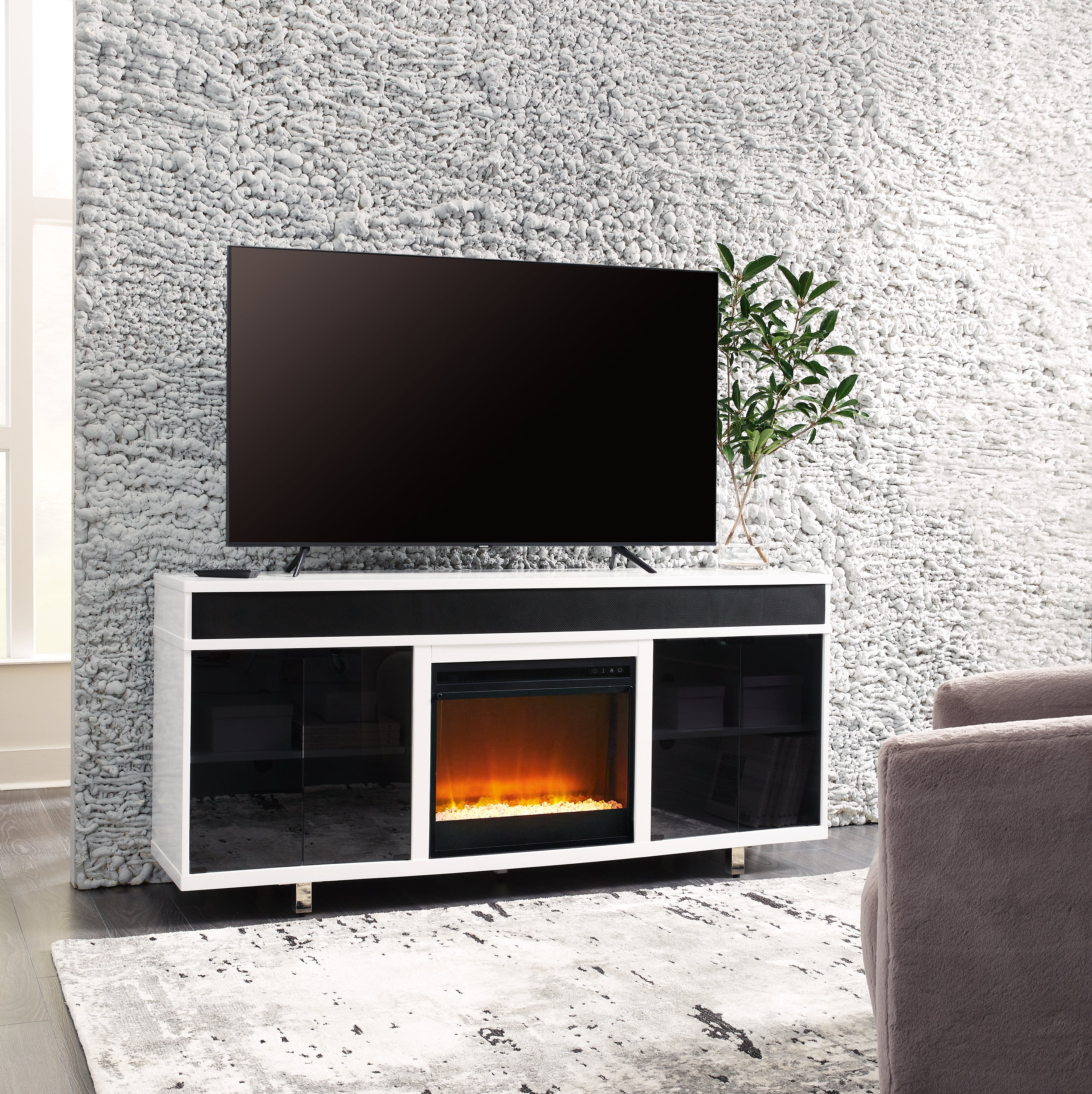 3 Brothers Decor - Ashley Furniture - Gardoni 72" TV Stand with Electric Fireplace - 72" TV Stand with Electric Fireplace / White/Black - W756W1