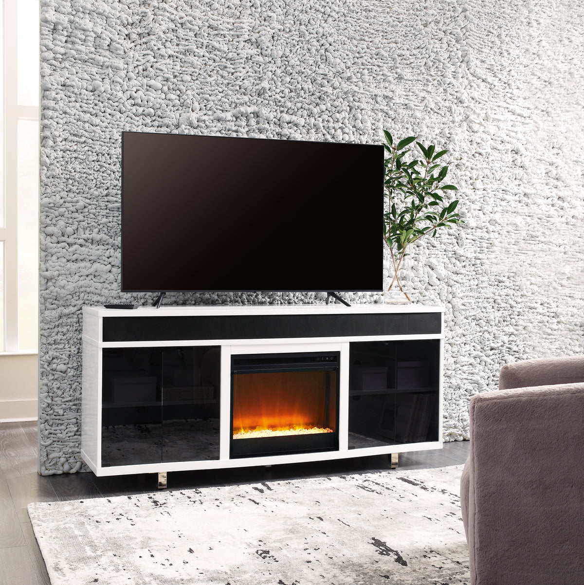 3 Brothers Decor - Ashley Furniture - Gardoni 72" TV Stand with Electric Fireplace - 72" TV Stand with Electric Fireplace / White/Black - W756W1