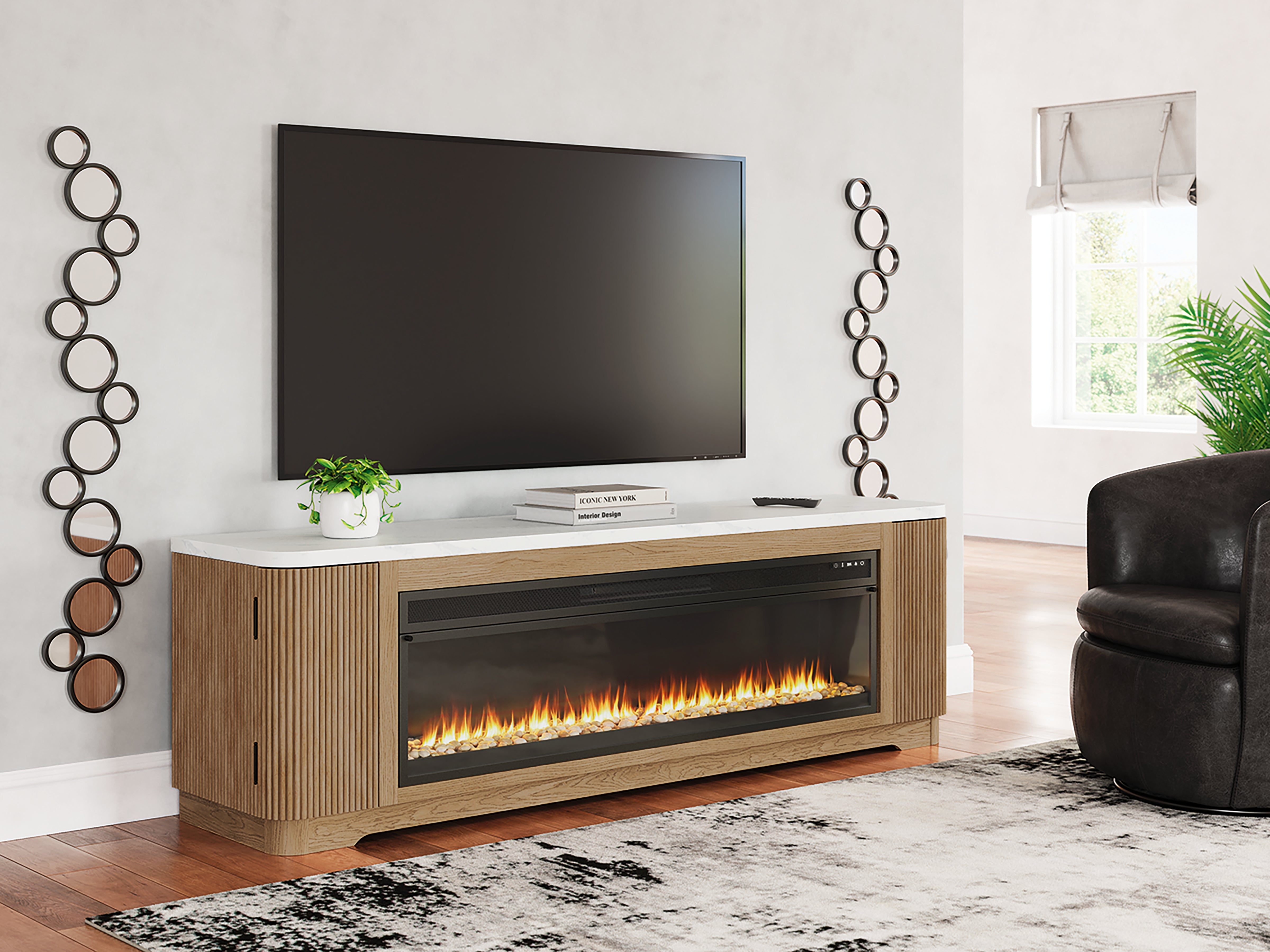 3 Brothers Decor - Ashley Furniture - Camdill 80" TV Stand with Electric Fireplace - 80" TV Stand with Electric Fireplace / Light Brown - W808W1