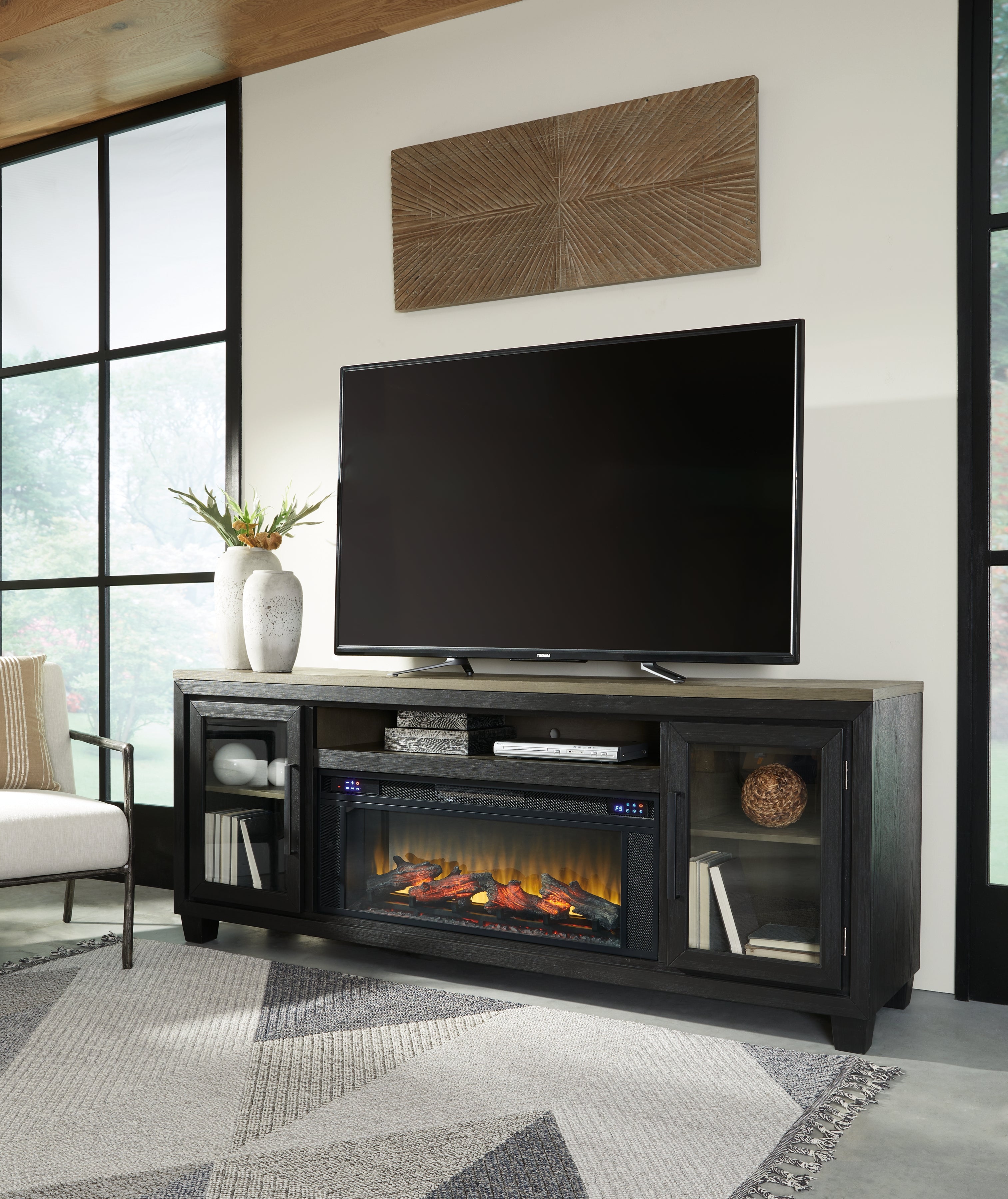 3 Brothers Decor - Ashley Furniture - Foyland 83" TV Stand with Electric Fireplace - 83" TV Stand with Electric Fireplace / Black/Brown - W989W1